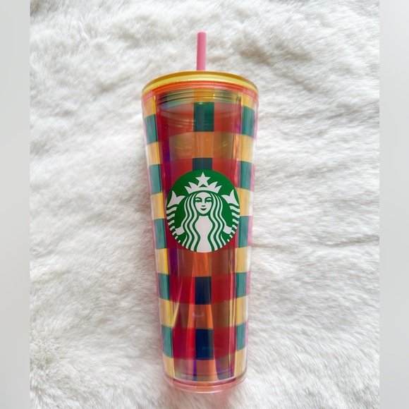 Starbucks Multicolor Checkered Tumbler with Pink Straw - Picture 1 of 3